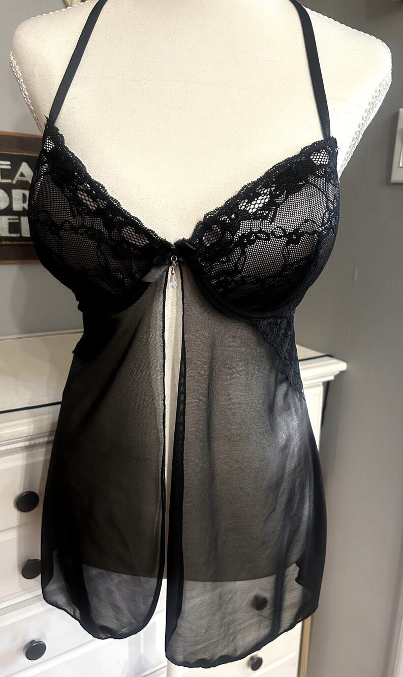 Vintage Frederick's of Hollywood Black Sheer Lace Babydoll Chemise Cami L Y2K